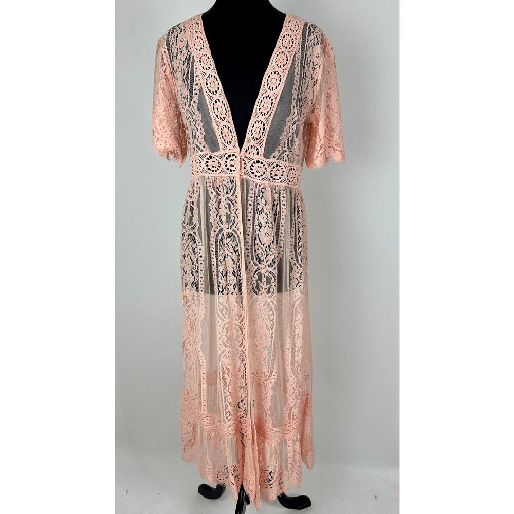 Mainstrip Peach Pink Lace Maxi Duster Dress Sheer Festival Bohemian Ethereal L